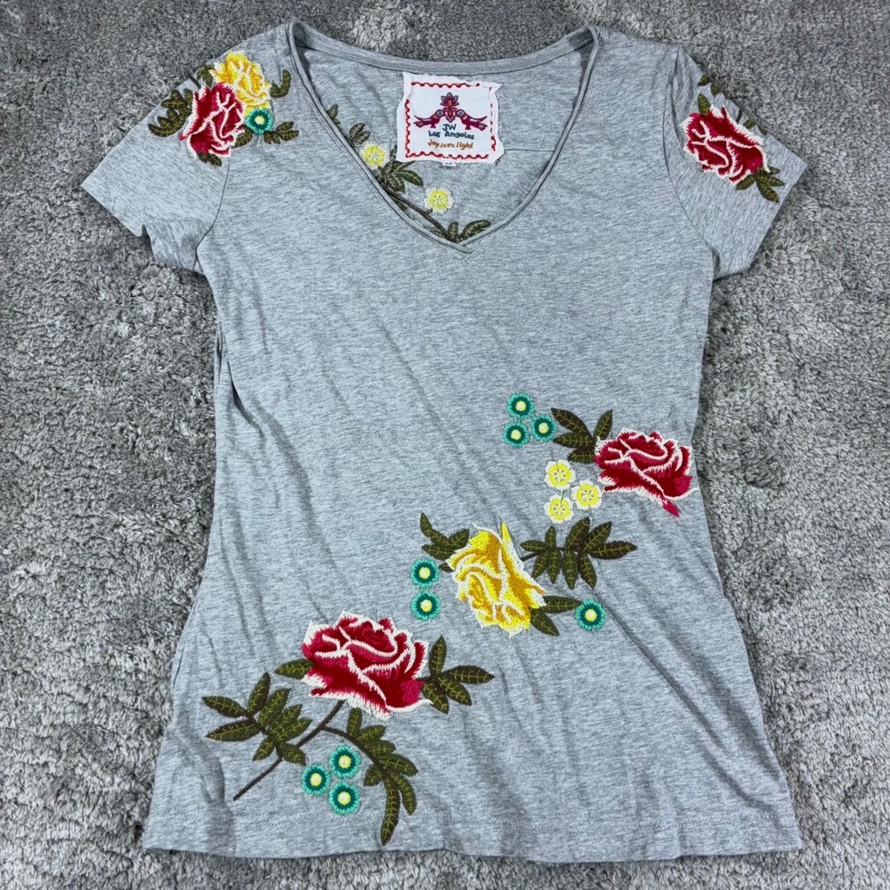 JW Los Angeles Embroidered V-Neck Tee Womens M Gray Cotton Floral Boho